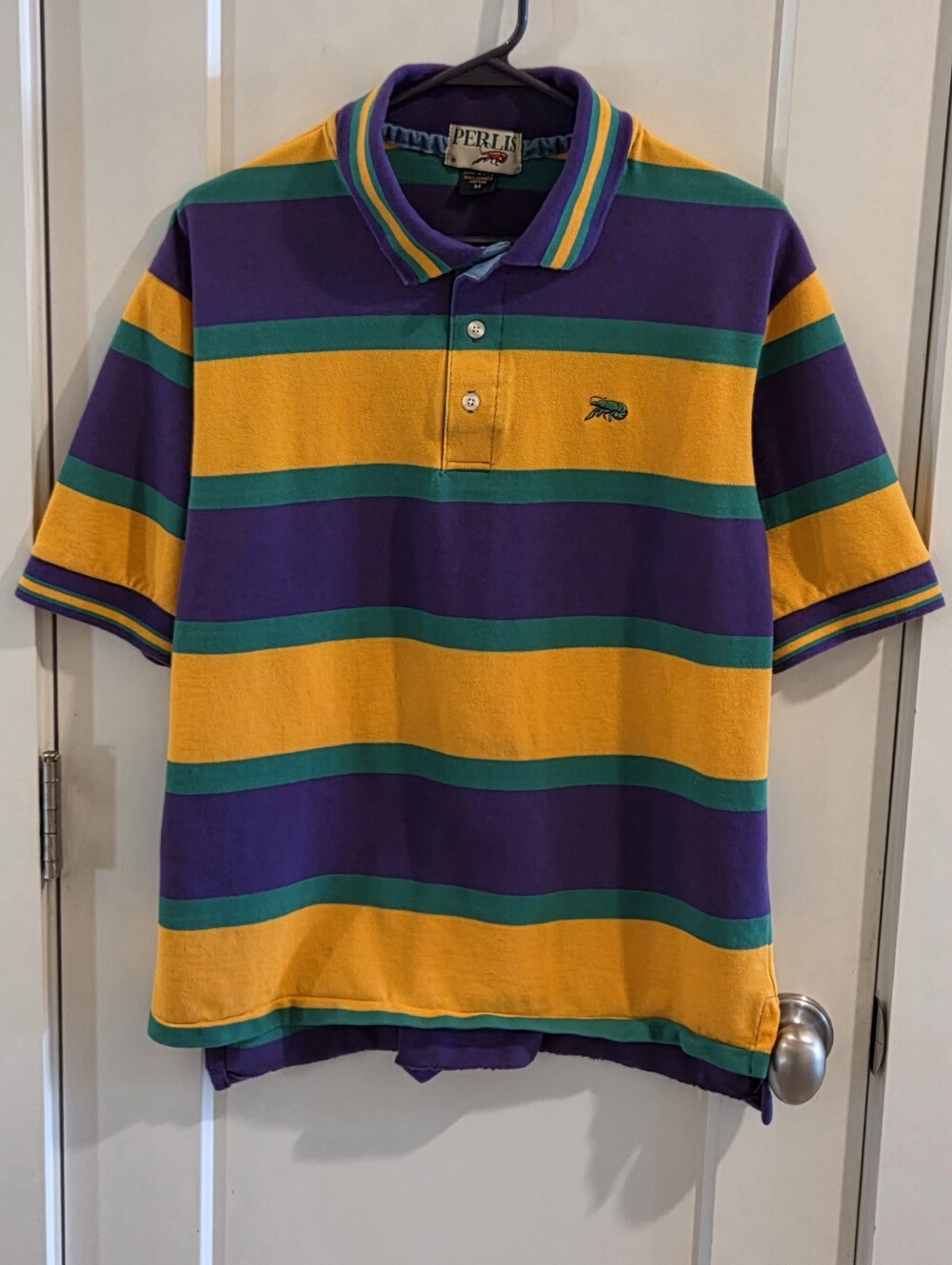 Vintage Perlis Mardi Gras Combed Cotton Striped Polo Shirt - Size Medium